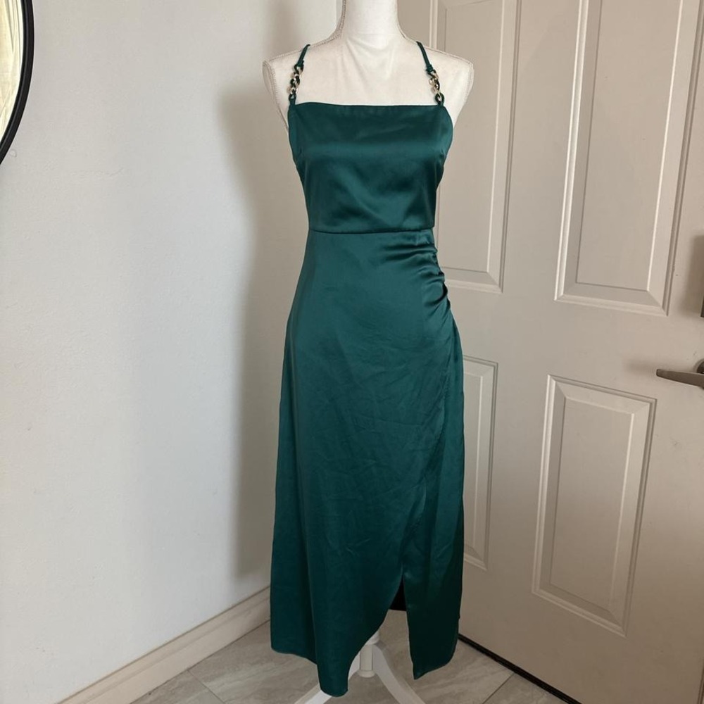 Zara Emerald green satin maxi dress with gold chain straps
